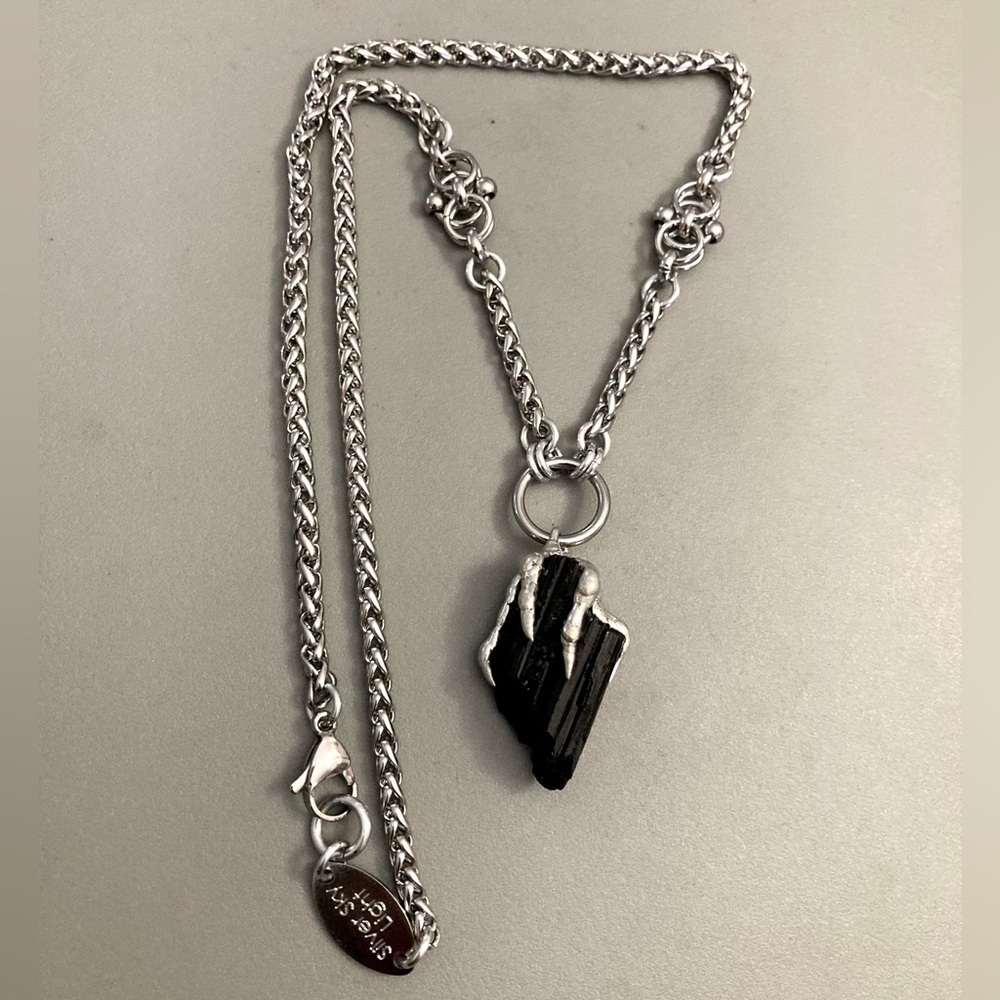 Black raw natural tourmaline gemstone electroplated charm steel boho necklace - Picture 12 of 16